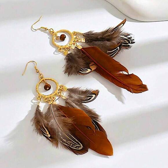 Bohemian Handmade Feather Dangle Earrings, Tribal Design, Western, Boho, Fr… - Picture 4 of 4